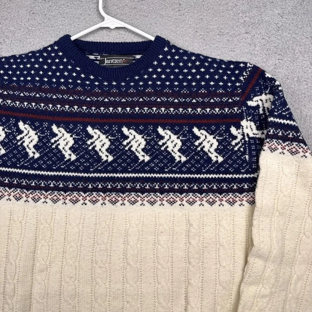 Jantzen Sweater Mens 2XLT White‎ Navy Fair Isle Ski Cable Knit Pullover Winter